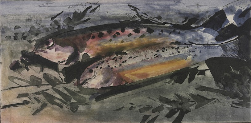 Albert Chavaz, Les Truites, 1972, aquatinte sur papier vélin, 198 x 396 mm,
Musée Jenisch Vevey - Cabinet cantonal des estampes, Fondation William Cuendet &
Atelier de Saint-Prex © Albert Chavaz / 2025, ProLitteris, Zurich

Crédit photographique: Julien Gremaud