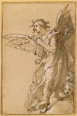 Federico Zuccari, Ange, vers 1567, plume, encre brune, lavis brun et rehauts de
blanc de plomb, mise au carreau à la pierre noire sur papier vergé beige clair