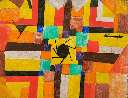 Paul Klee, Mit der rotierenden schwarzen Sonne und dem Pfeile, 1919, gouache et
tempera sur toile de lin, 24,5 x 31,5 cm © Fondation Jean et Suzanne Planque,
déposée au Musée Jenisch Vevey (Suisse). Photo : Alberto Ricci, Paris.