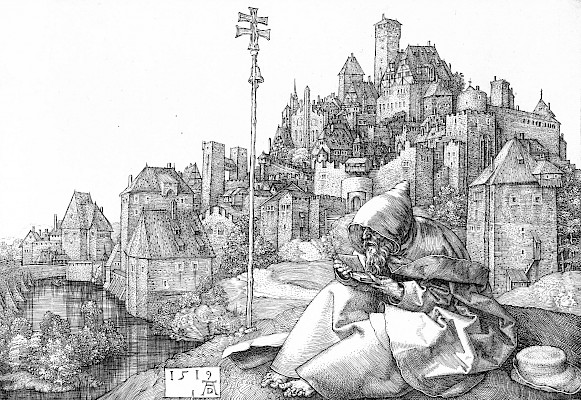 Albrecht Dürer (1471-1528), Saint Antoine devant la ville, 1519, burin sur
papier vergé. Cabinet cantonal des estampes Fonds des estampes du Professeur
Pierre Decker Musée Jenisch Vevey. Photographie : Julien Gremaud