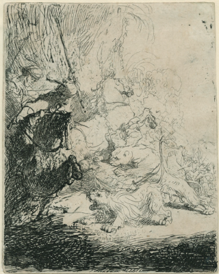 Rembrandt (1606-1669), La petite chasse aux lions, vers 1629, eau-forte sur
papier vergé. Musée Jenisch Vevey – Cabinet cantonal des estampes Fondation
William Cuendet & Atelier de Saint-Prex