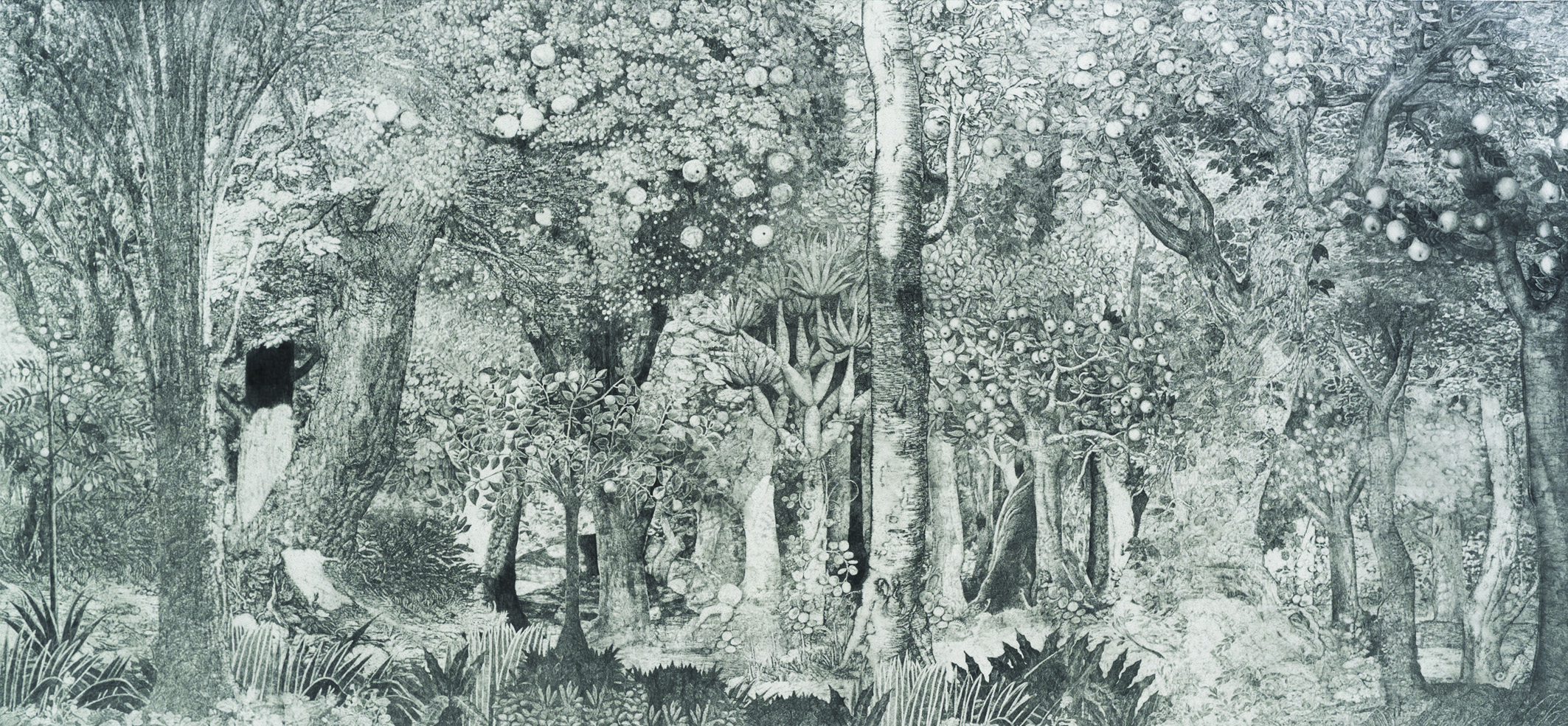 Didier Rittener (Lausanne *1969), Les Pommiers ou Indécente forêt, 2014–2016,
crayon gris sur papier Claire Fontaine. Collection de l’artiste