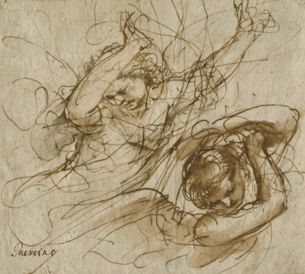 Giovanni Francesco Barbieri, dit Guercino (1591 - 1666), Deux anges les bras
levés, XVIIe siècle, plume, encres brune (métallogallique) et grise et lavis
brun et gris sur papier vergé gris-beige