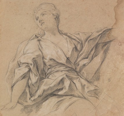 François Valentin (1738-1805), Étude de jeune femme drapée en buste, années
1780 ?, pierre noire, rehauts de craie blanche et
estompe sur papier vergé marron. Musée Jenisch Vevey – Centre national du
dessin, dépôt d’une collection particulière
 