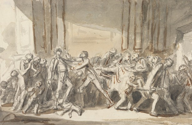François Boucher (1703-1770), Dessin d’une sculpture attique, avec la figure de
la Justice devant un cartouche, entre un prisonnier et un dieu-fleuve,
accompagnée de satyres mâle et femelle, de quatre Amours et de deux autels,
années 1760, plume, encre noire et lavis brun sur mise en place au crayon de
graphite ; filet à la plume et encre noire (restaurations à l’encre brune) sur
papier vergé crème préparé rose. Musée Jenisch Vevey – Centre national du
dessin, dépôt d’une collection particulière
 