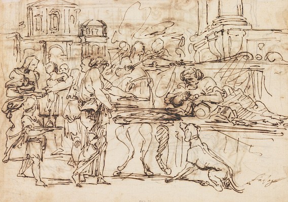 Raymond Lafage (1656-1684), Scène de festin antique (fête du roi Midas ?)
(verso), vers 1680, plume et encre brune (métallogallique) sur mise en place au
crayon de graphite sur papier vergé crème.
Musée Jenisch Vevey – Centre national du dessin,
dépôt d’une collection particulière
 