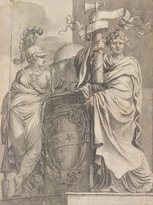 François Chauveau (1613-1676), Minerve et Jules César rendant hommage aux
armoiries du cardinal Mazarin, vers 1648, pierre noire, lavis gris, traces de
sanguine et de crayon de graphite ; traces de filet à la pierre noire ; repassé
avec une pointe pour transfert sur papier vergé crème. Musée Jenisch Vevey –
Centre national du dessin, dépôt d’une collection particulière
 