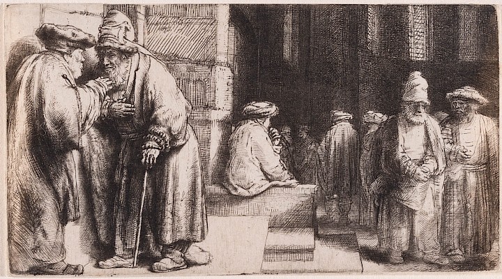 Rembrandt (Leyde 1606 - 1669 Amsterdam), La Synagogue des Juifs, 1648, eau-forte
et pointe sèche sur papier vergé. Cabinet cantonal des estampes, Fonds des
estampes du Professeur Decker, Musée Jenisch Vevey
