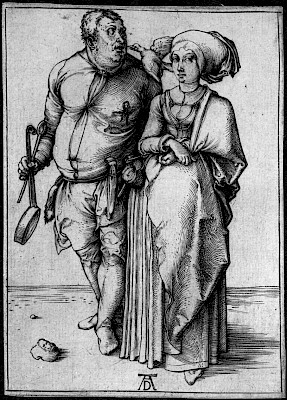 Albrecht Dürer (Nuremberg 1471 - 1528 Nuremberg), Le Cuisinier et sa femme,
[vers 1496], burin sur papier vergé. Cabinet cantonal des estampes, Fonds des
estampes du Professeur Decker, Musée Jenisch Vevey