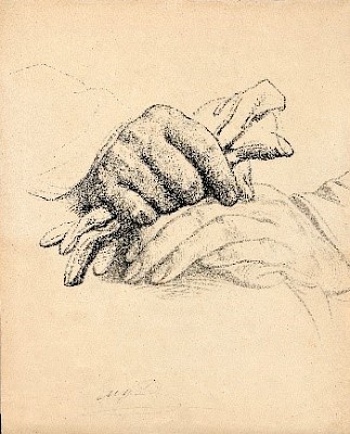 Eugène Devéria (Paris 1805-1865 Pau), Étude de mains au gant, vers 1835, Pierre
noire sur papier, 220 x 175 mm, Musée Jenisch Vevey / Photographie Galerie
Chaptal