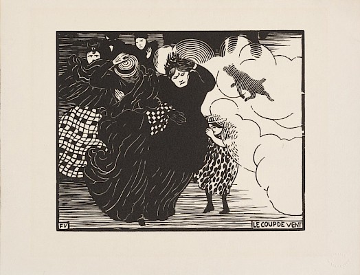 Félix Vallotton (Lausanne 1865 - 1925 Paris), Le coup de vent, 1894, Gravure sur
bois sur papier vélin blanc, 178 x 220 mm. Musée Jenisch Vevey - Cabinet
cantonal des estampes, Collection de la ville de Vevey © Musée Jenisch Vevey,
Cabinet cantonal des estampes, Photographie : Julien Gremaud                  
  