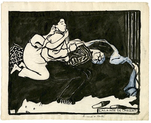 Félix Vallotton (Lausanne 1865 - 1925 Paris), La santé de l’absent ou La santé
de l’autre, 1898, Pinceau, plume et encre de Chine, rehauts de gouache
blanc-gris sur mise en place au crayon au graphite et filet au pinceau et encre
noire sur filet au crayon au graphite sur papier vergé filigrané blanc, 204 x
253 mm, Musée Jenisch Vevey © Musée Jenisch Vevey, Cabinet cantonal des
estampes, Photographie : Studio Curchod