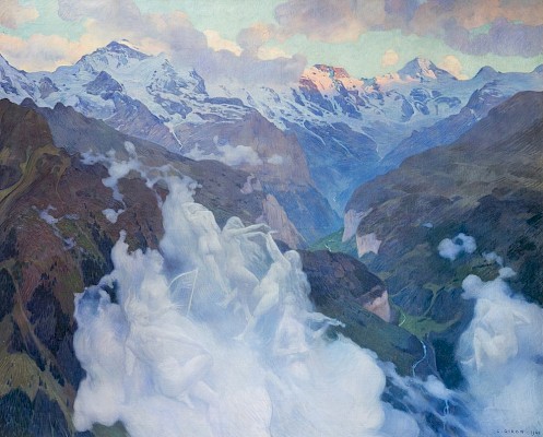 Charles Giron (Genève 1850 - 1914 Genthod), Les Nuées (Vallée de Lauterbrunnen),
[1901], Huile sur toile, 147.5 x 182 cm sans cadre, Musée Jenisch Vevey, don de
la Société des Beaux-Arts de Vevey © Musée Jenisch Vevey, photographie: Julien
Gremaud